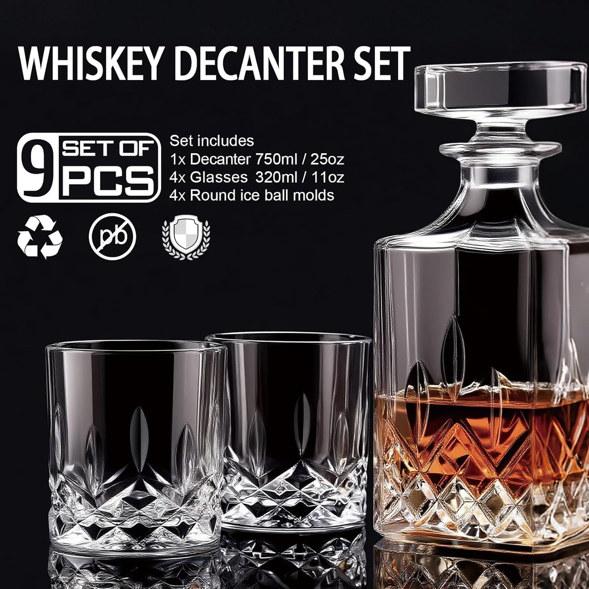 Whiskey Decanter Set for Men, 4*Crystal Whiskey Glasses(Get 4 Silicone Ice Mold Free), Lead-Free Decanter Set - Set of 9