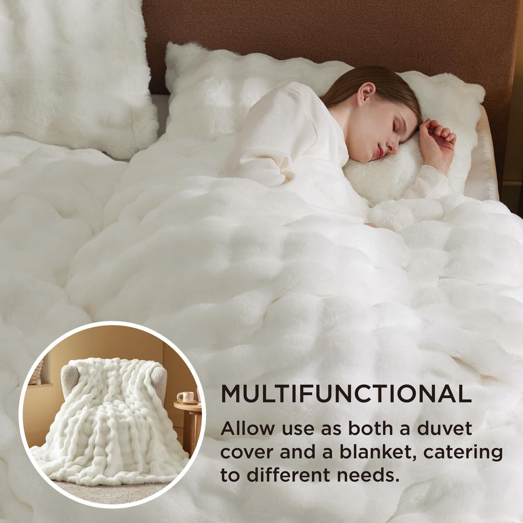 Faux Fur Duvet Cover Set, Plush Bubble Design, Coconut White