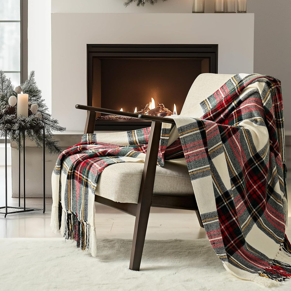 Chenille Christmas Throw Blanket, 50"x60", White Stewart Plaid