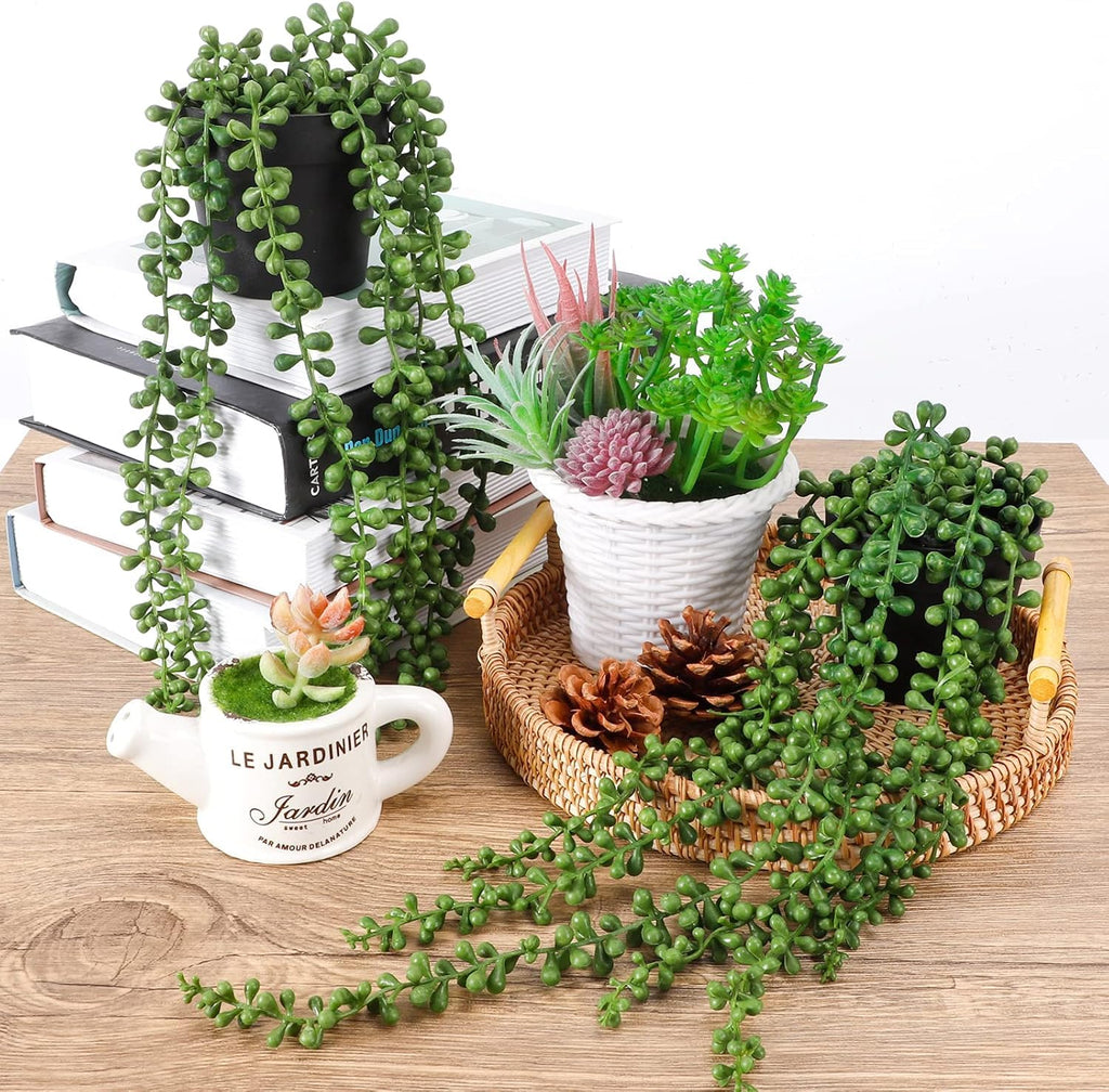 String of Pearls Plant Artificial, 2pcs Faux Plants Indoor in Black Pots, Realistic Green Fake Succulent Hanging