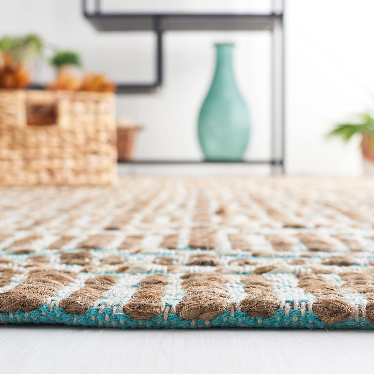 Area Rug - Natural Fiber Collection - Large - Teal & Natural, Handmade Jute & Cotton Flat Weave, Stripe Pattern
