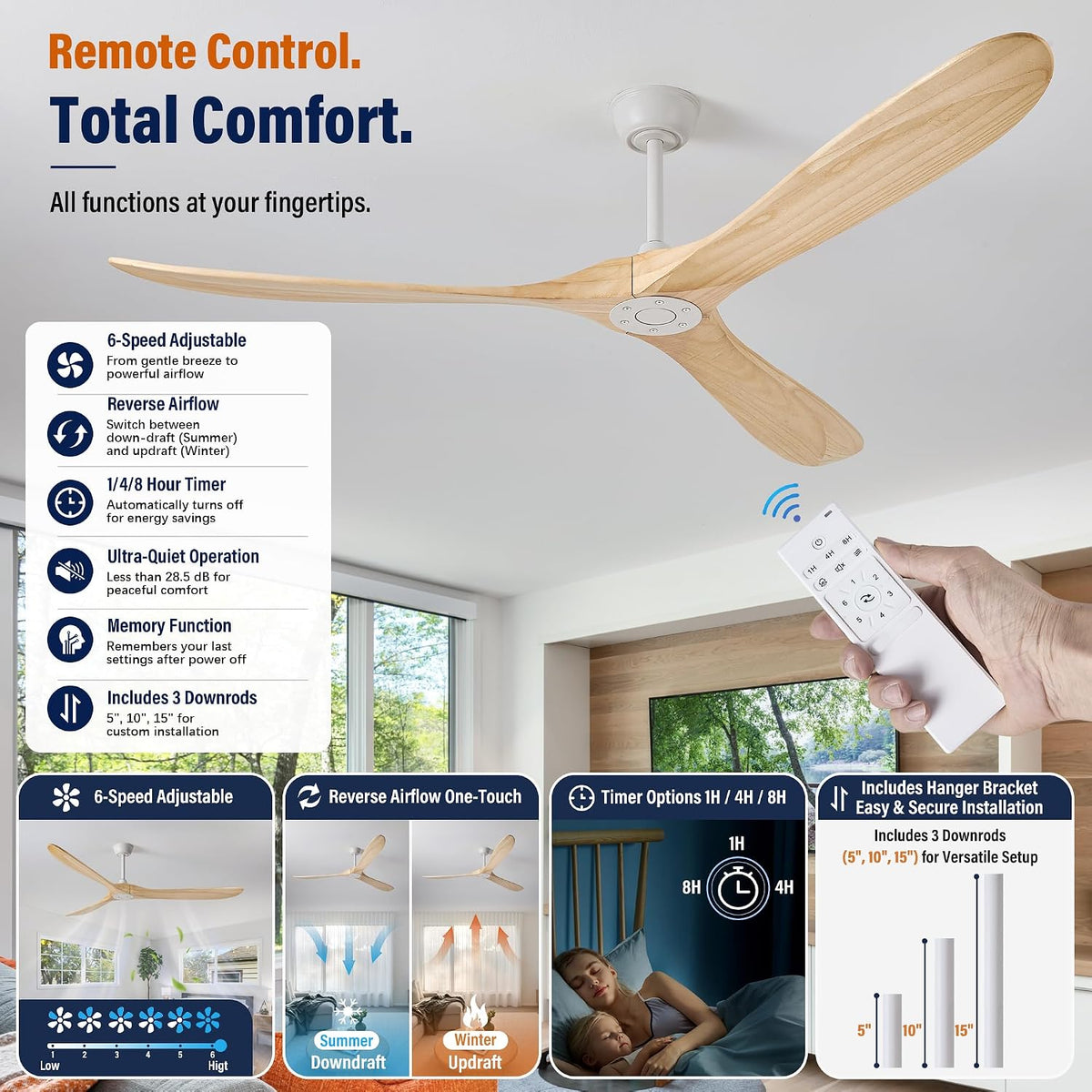 72" White Ceiling Fan with Remote, No Light