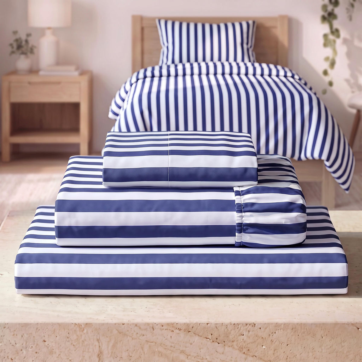 Iconic 3-PC Bed Sheets, 16" Deep (Oxford Stripe Blue Nova)