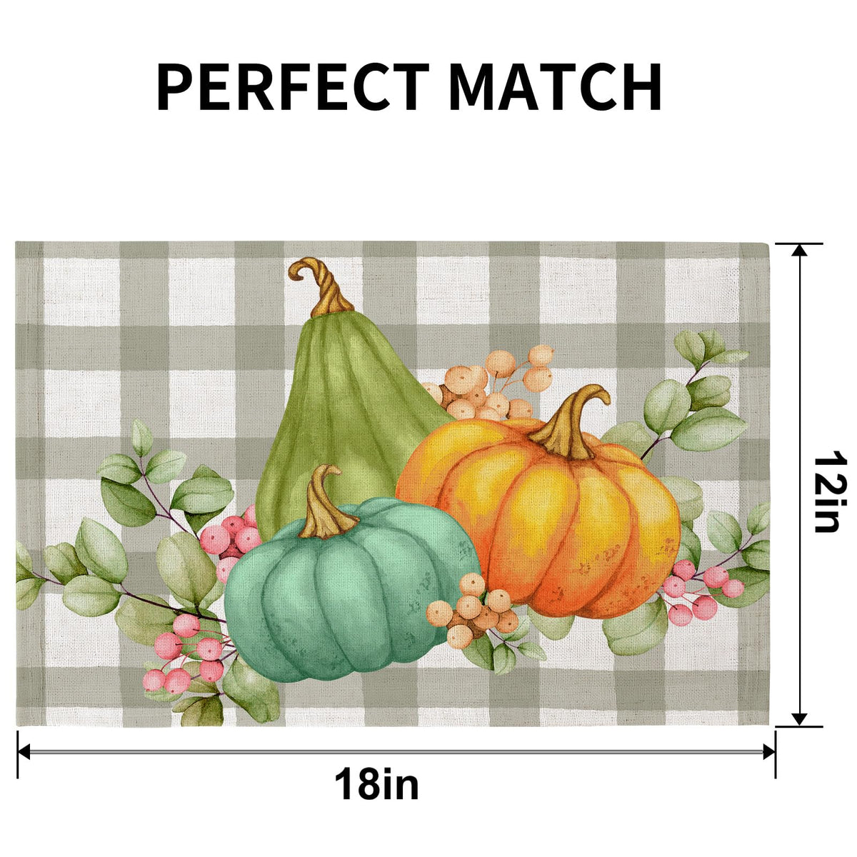 Fall Placemats Set of 4, 12"x18" Linen Place Mats, Plaid Pumpkin