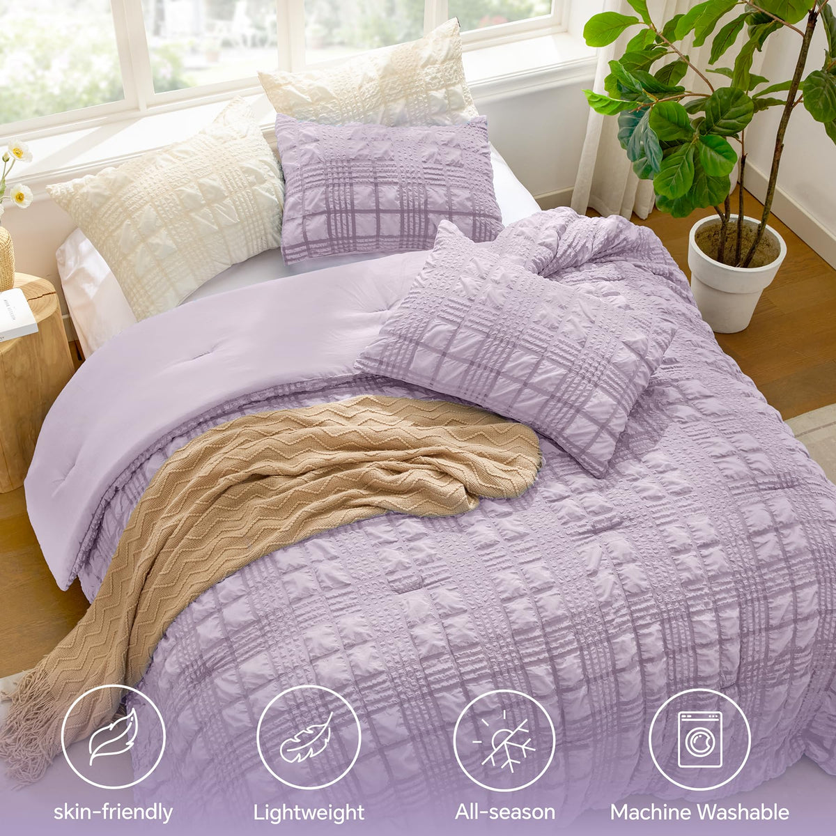 Comforter Set, Seersucker Bedding Set 3 Pieces, Lavender