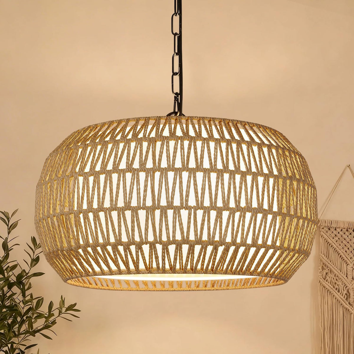 19" Rattan Chandelier, Woven Boho Dining Room Light Fixture