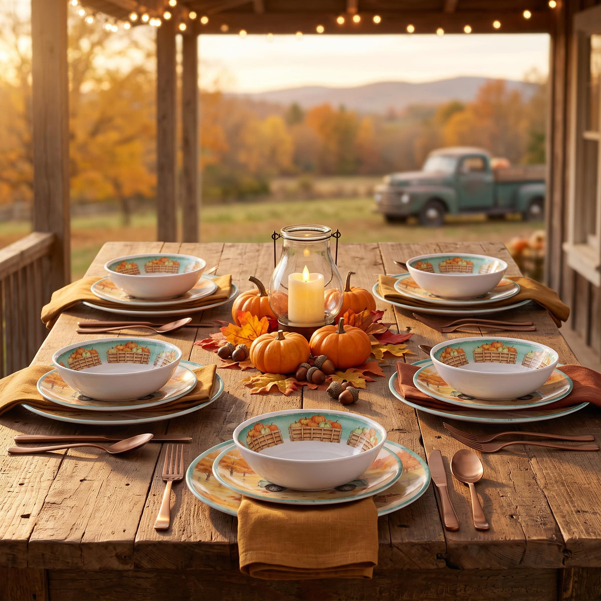 12pcs Fall Melamine Dinnerware Set, Green pickup truck Plates Bowls