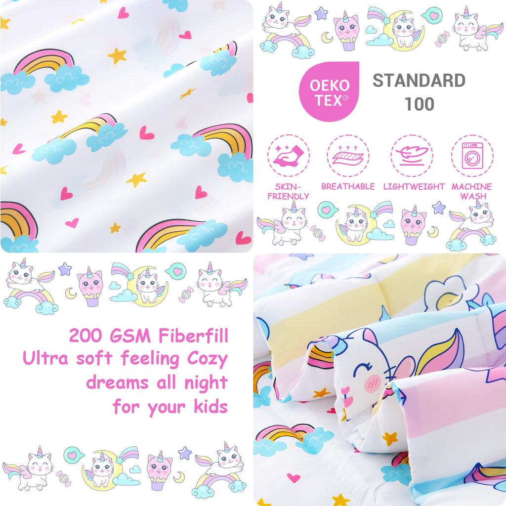 Toddler Bedding Sets for Girls,4 Pieces Cat Rainbow Printed