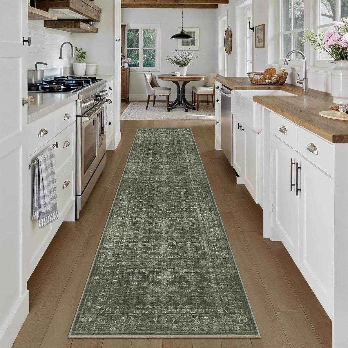 Hallway Washable Runner Rug Vintage Green Boho Extra Long Runners