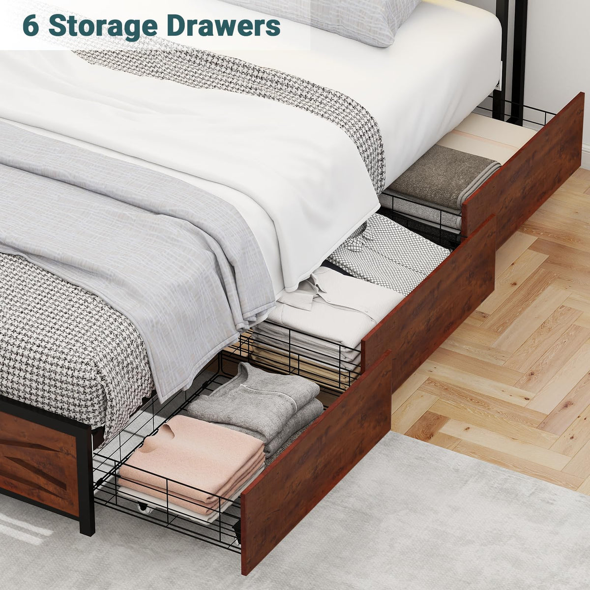 LED Bed Frame with 6 Storage Drawers, Farmhouse Headboard w/Charging Ports Station - Size Platform Bed Frame