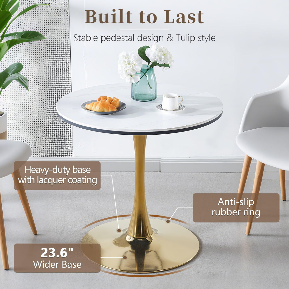 Inspired Saarinen Style 31.5" Sintered Stone Round Tulip Table with Gold Metal Pedestal