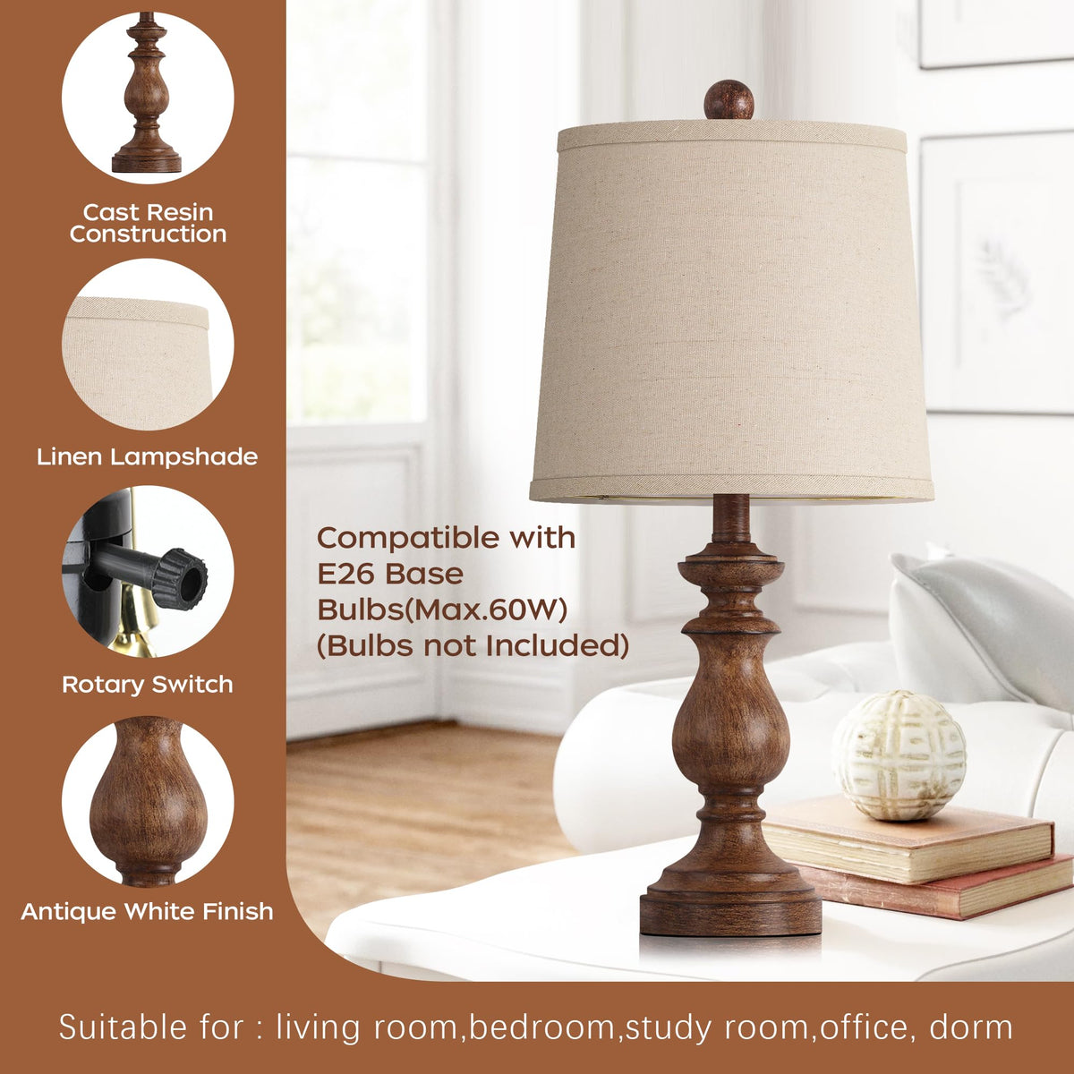 Traditional Table Lamp Set of 2, Rustic Farmhouse Table Lamps Bedroom, 22" Bedside Desk Lamps Vintage Nightstand