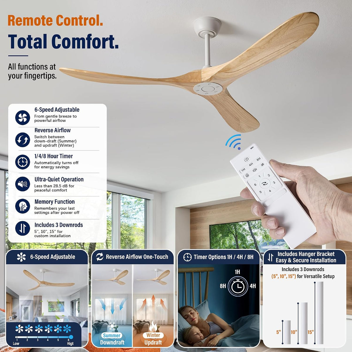 Inspired Maverick Style 60" Ceiling Fan No Light, 3 Solid Wood Blades, White Motor, Quiet Reversible DC Motor with Remote Control