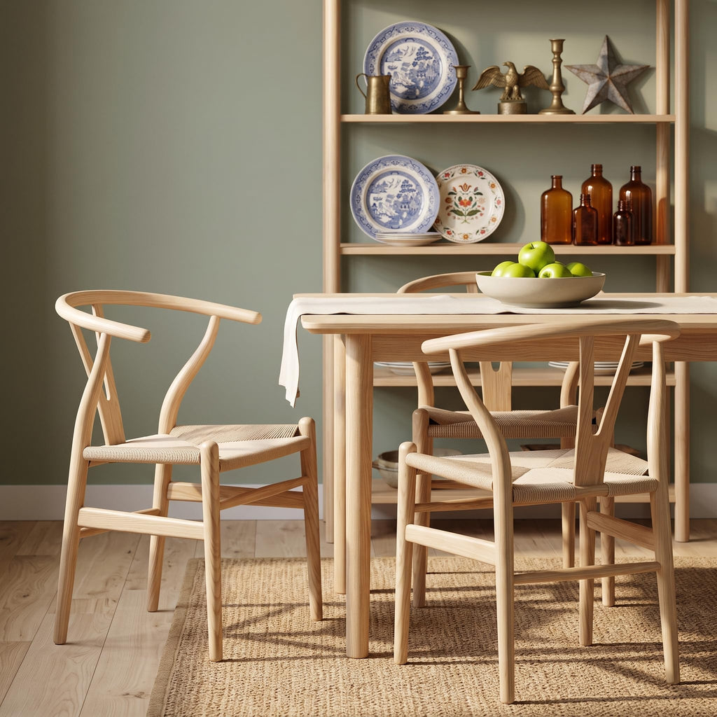 Wishbone Chairs Set of 2, Rattan Dining Chairs (Natural)