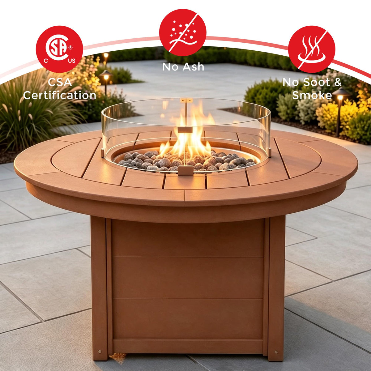 47" Modern Outdoor 55, 000 BTU Patio Backyard Round Propane Fire Pit Table (Rocks Not Included), Teak