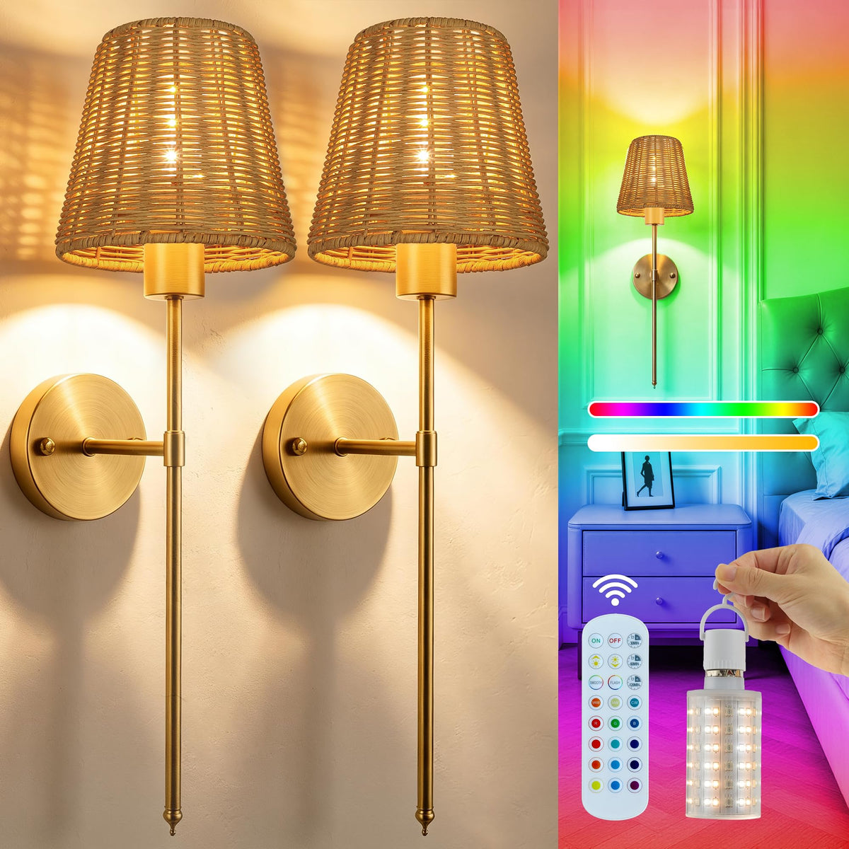 Battery Operated Wall Sconces Set of 2 with Rattan Shade, Rechargeable Wireless Wall Light with RGB Dimmable Magnetic