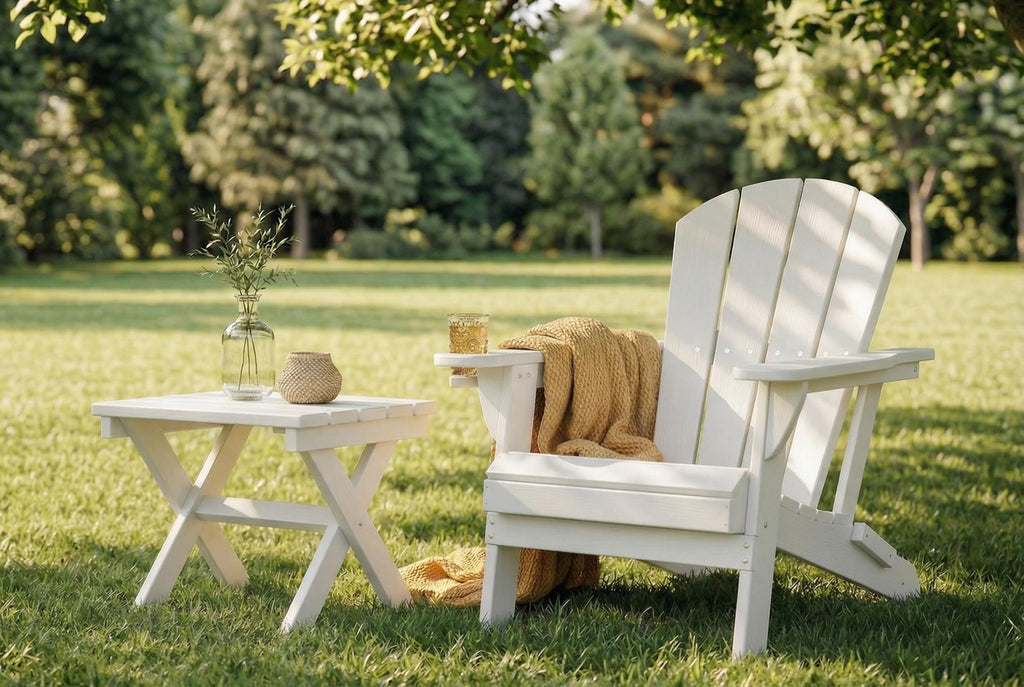 Folding Adirondack Chair with Cup Holder and Phone Holder, Heavy Duty HDPE Plastic Outdoor Lounger, All-Weather
