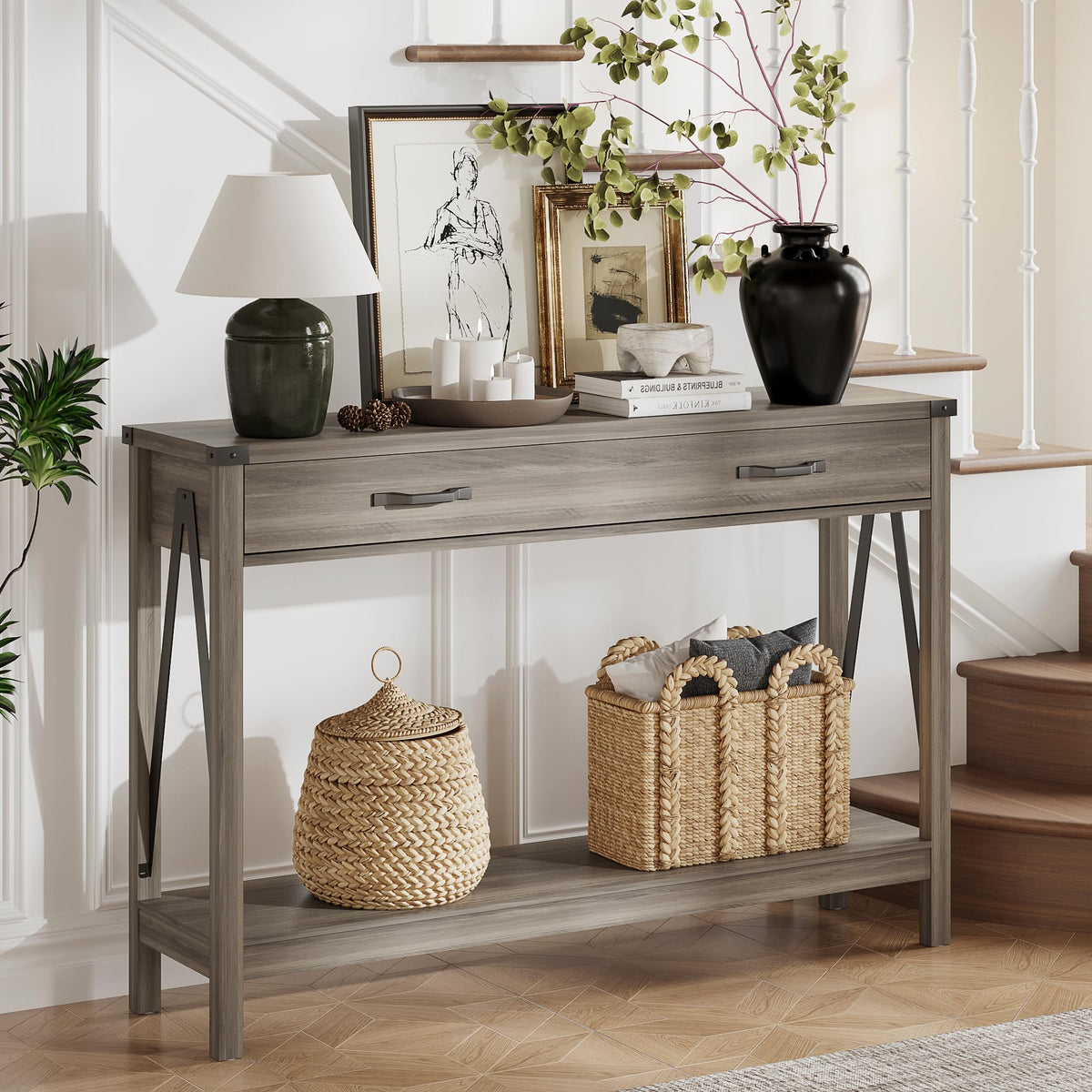 47 Inch Farmhouse Console Table with Drawer and Storage Shelf