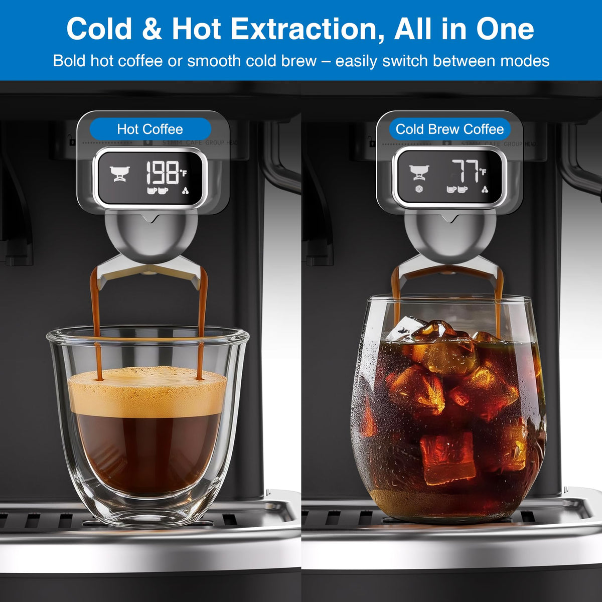 Espresso Machine with Grinder, PID & Programmable Settings, Black