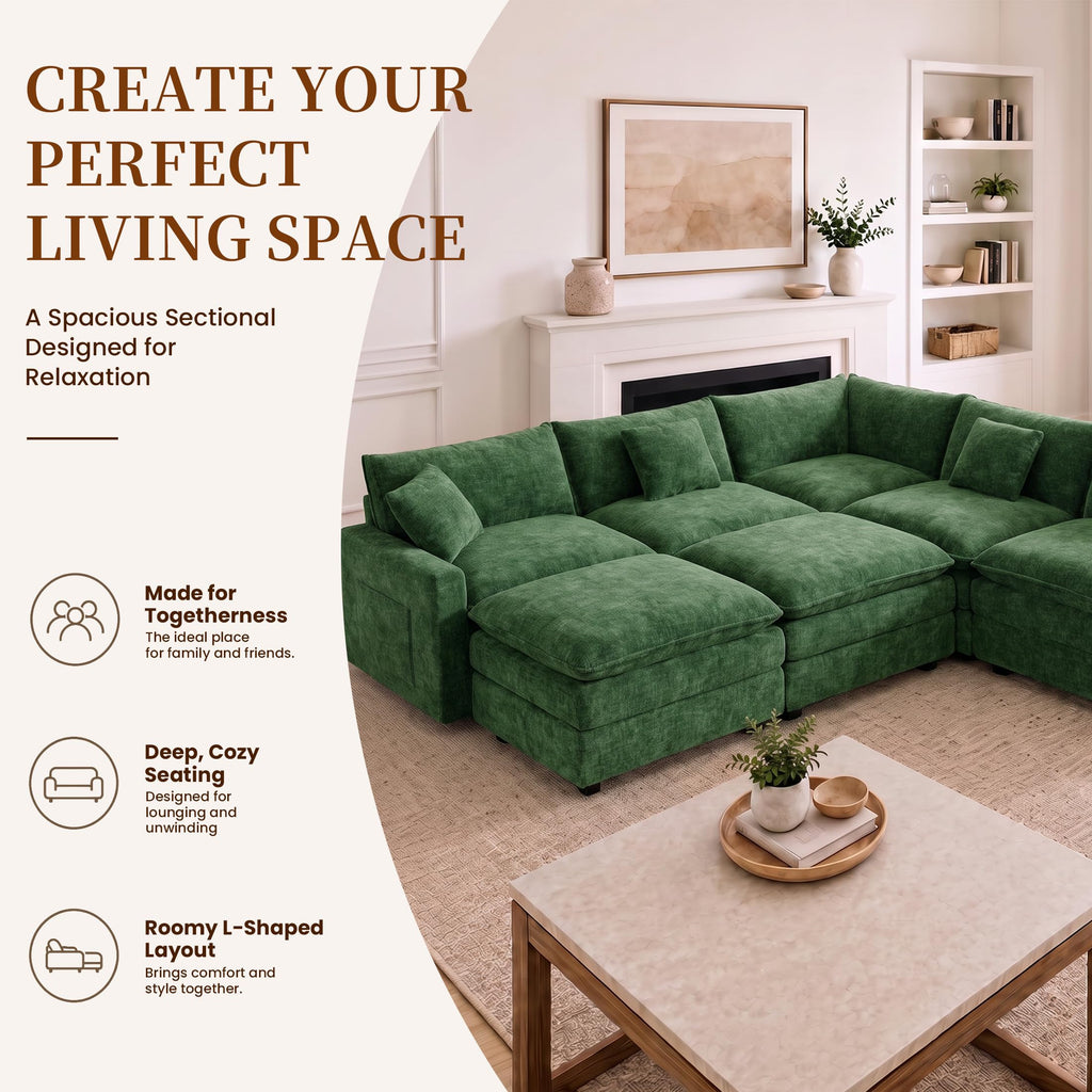 100" Modular Sectional Sofa, L-Shaped Cloud Couch with Ottoman, Green