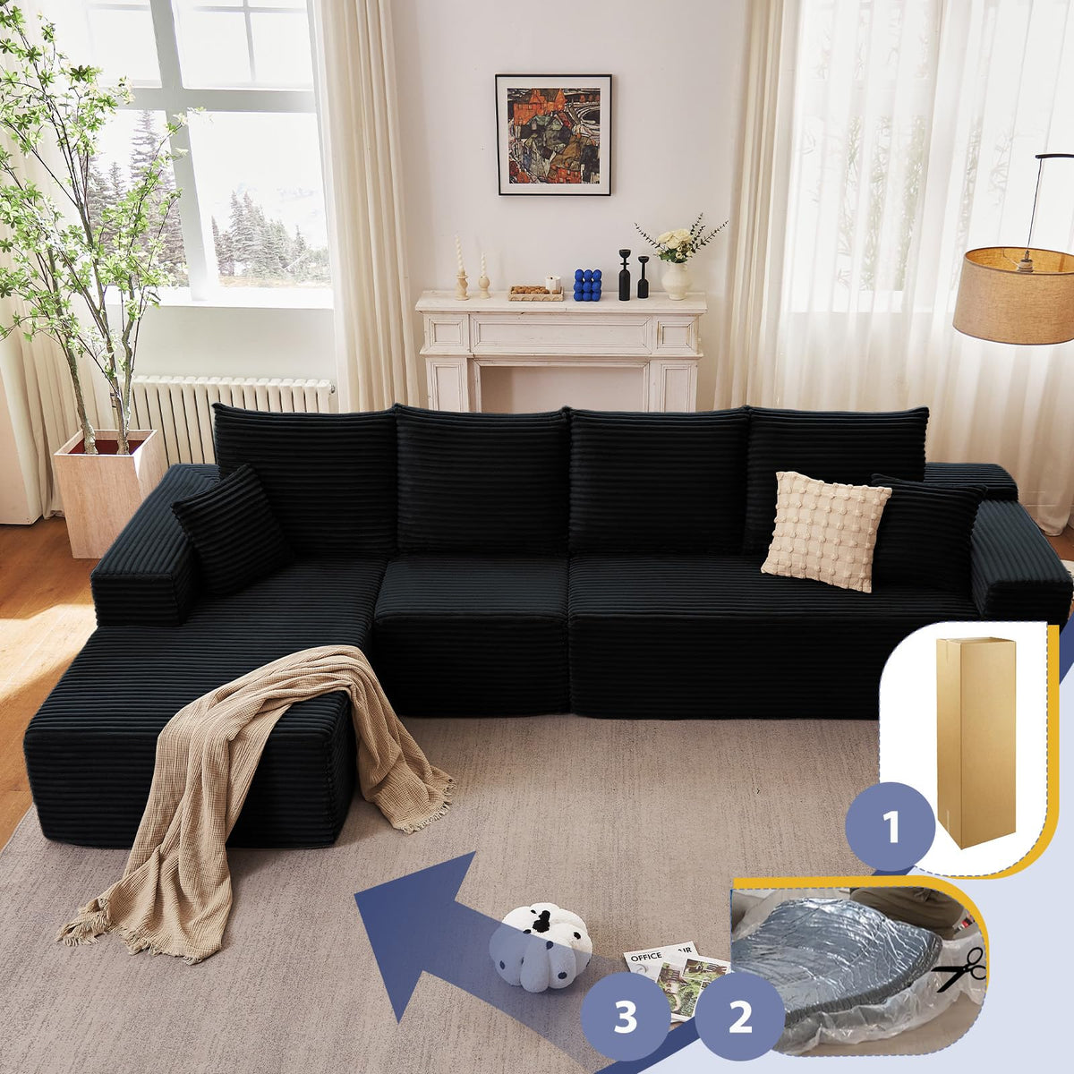 135.4" Cloud Sectional Couch with L-Shape Chaise, Modern Corduroy Boneless Couch, Memory Foam Sofa with Deep Seat, No