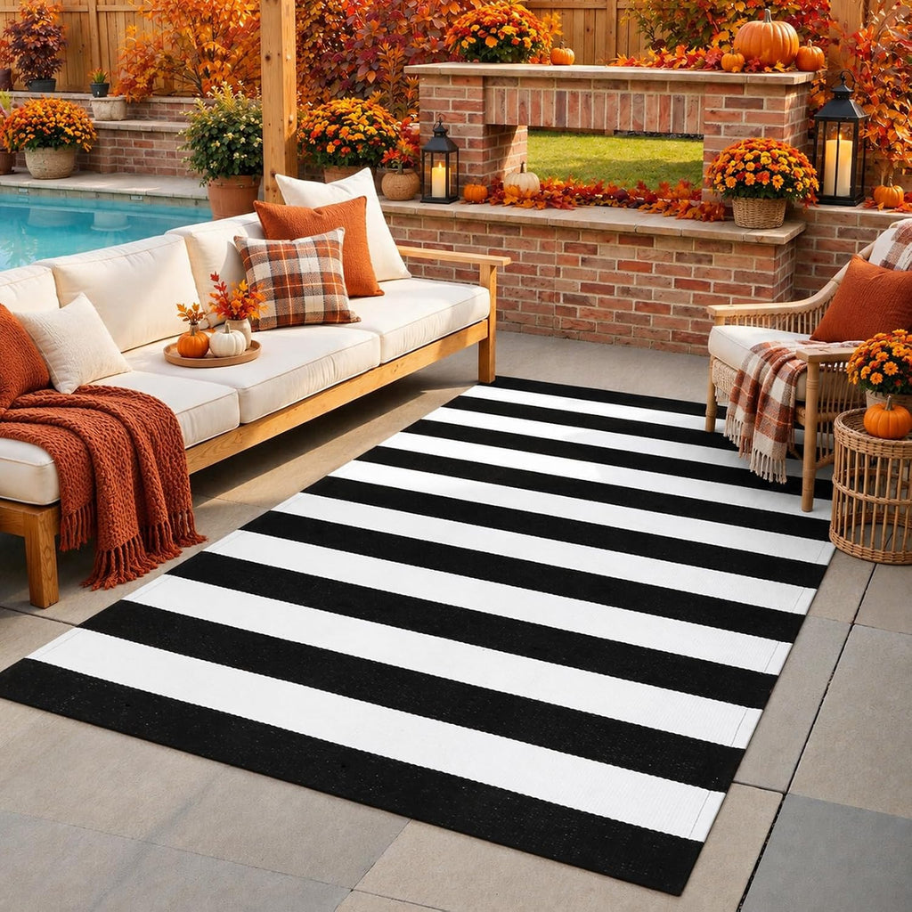 Black and White Buffalo Plaid Outdoor Rug Fall Patio Floor Carpet
