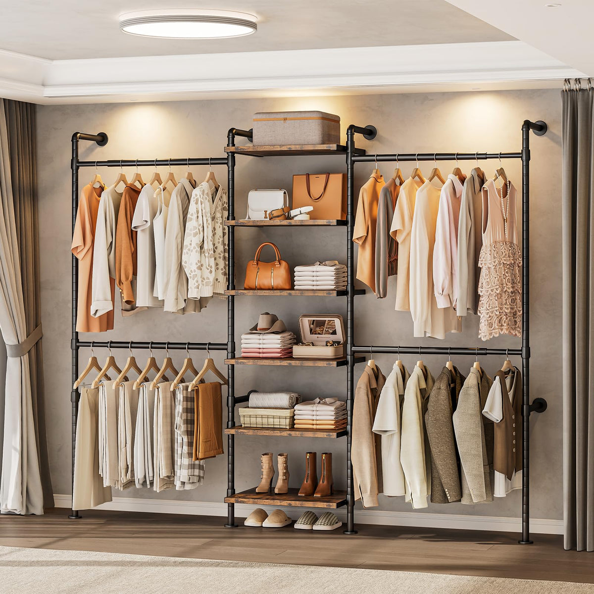 T1 Wall Mounted Closet System with 6 Wood Shelves & 4 Hanging Rods