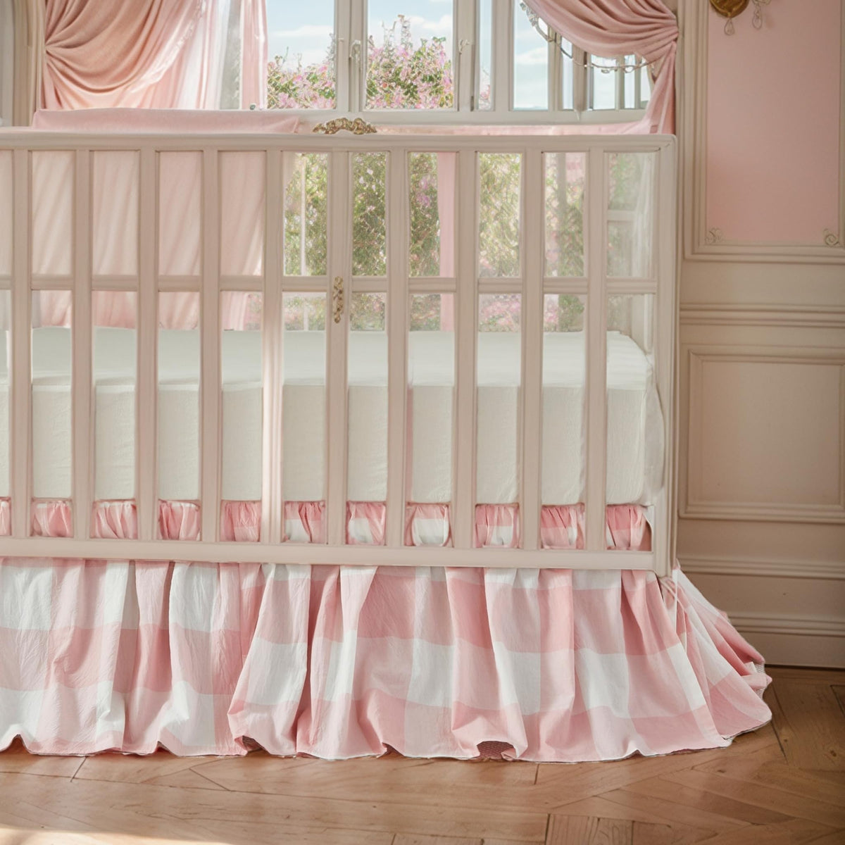 Gingham Gathered Crib Skirt, Baby Boy, Baby Girl, Gender Neutral Crib Skirt, 100% Cotton, 4-Sided, Light Pink Plaid