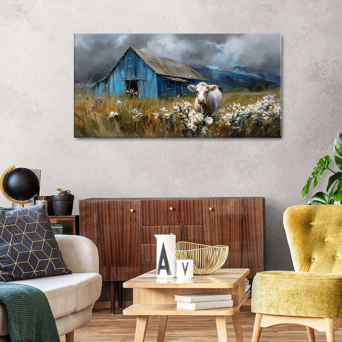 Farmhouse Cow Wall Art Rustic Barn Landscape Pictures Wall Decor Blue Barn Wildflower Field Canvas Prints Country