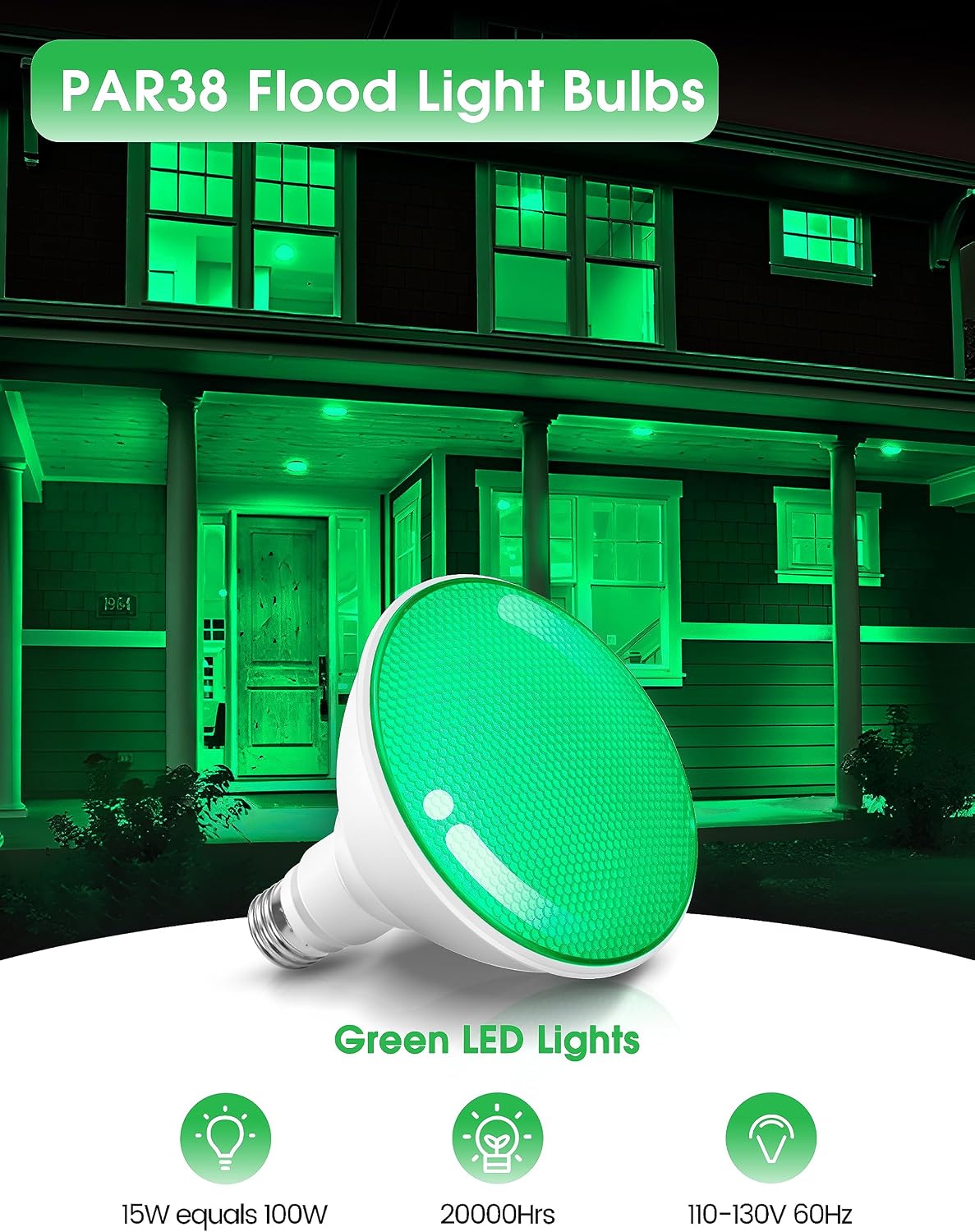 Green Flood Light Bulbs,PAR38 15W(100W Equivalent)