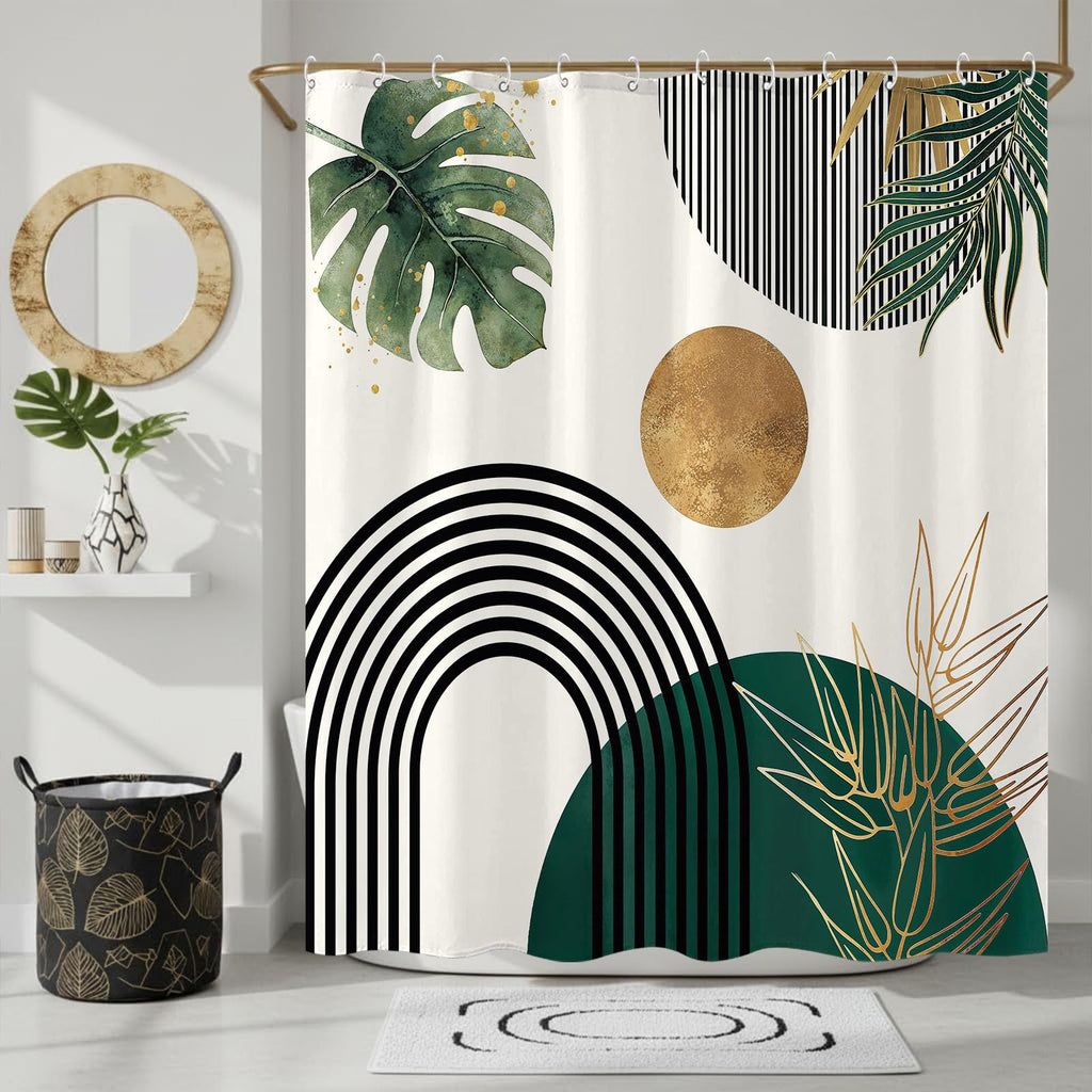 Mid Century Boho Green Shower Curtain, Abstract Modern Waterproof Fabric Shower Curtains, Plant Botanical Minimalist