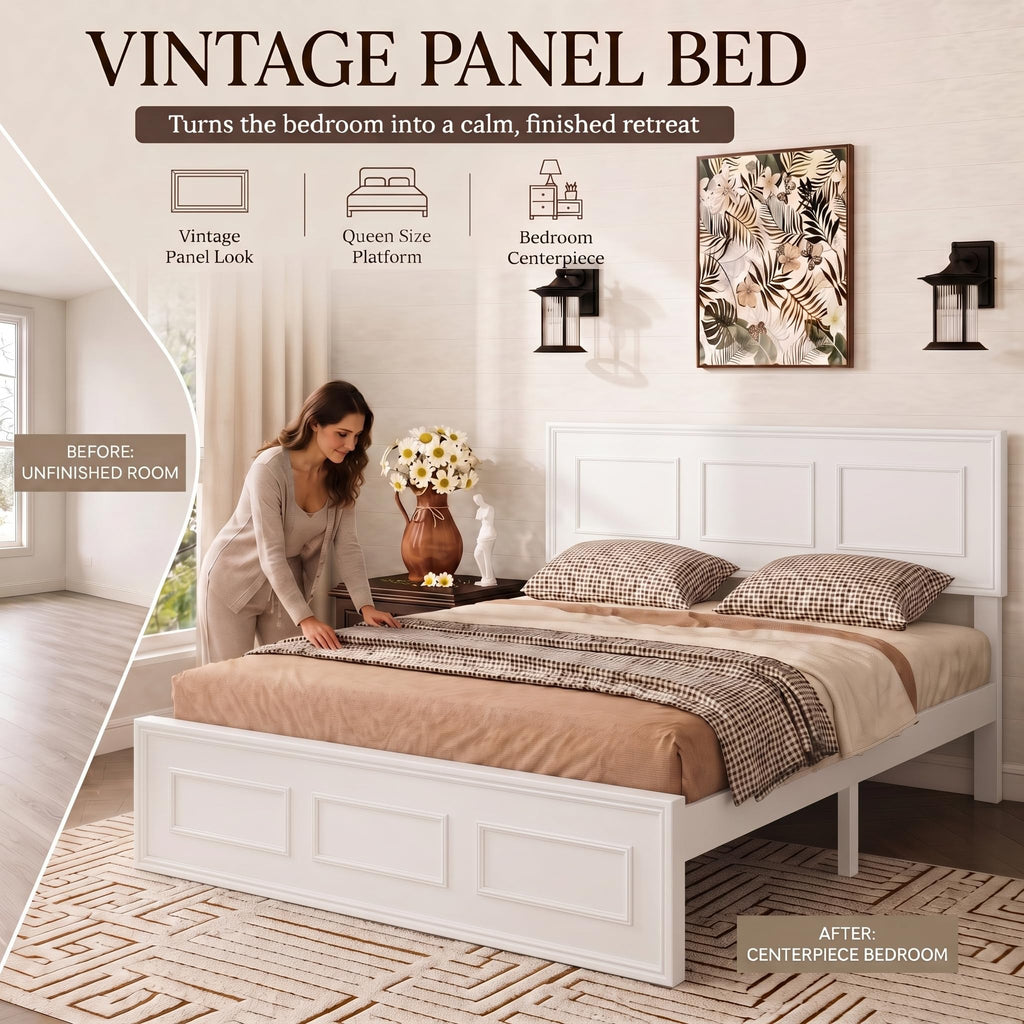 Bed Frame with Adjustable Height Headboard, Pine Wood Platform Bed with Strengthened Support Frame, Modern