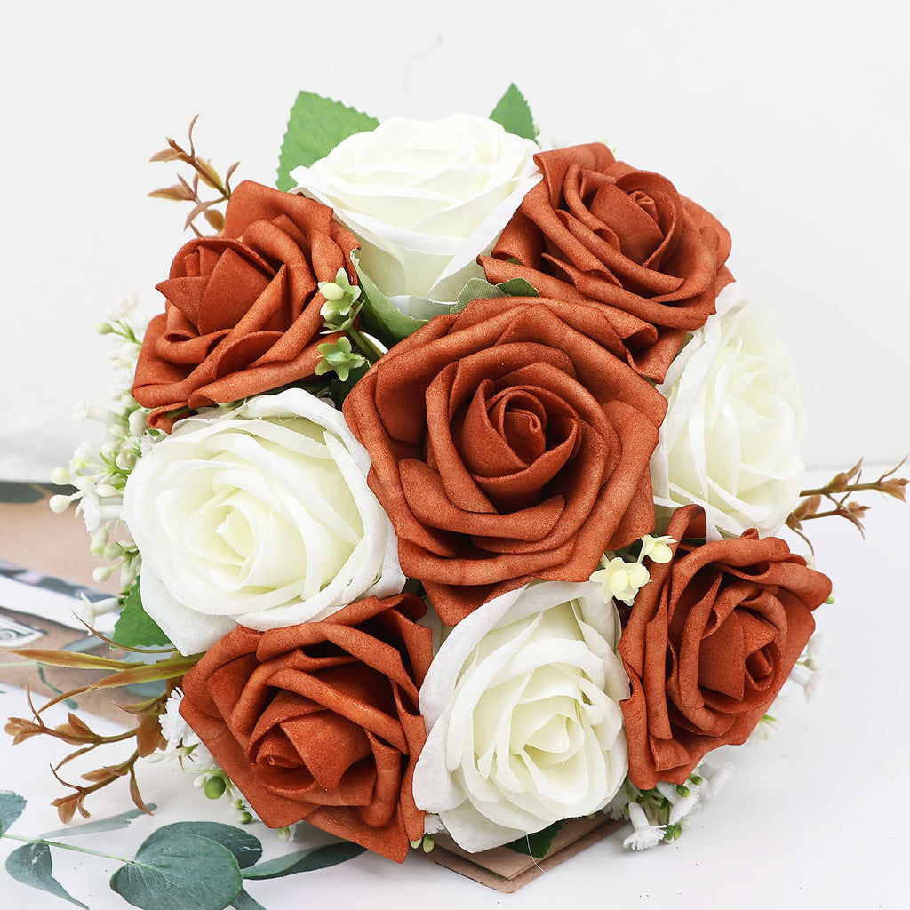 Artificial Bridesmaid Bouquets Set of 6 - Wedding Bouquet Burnt Orange Rose White Babys Breath 7 Inch Flower Bride