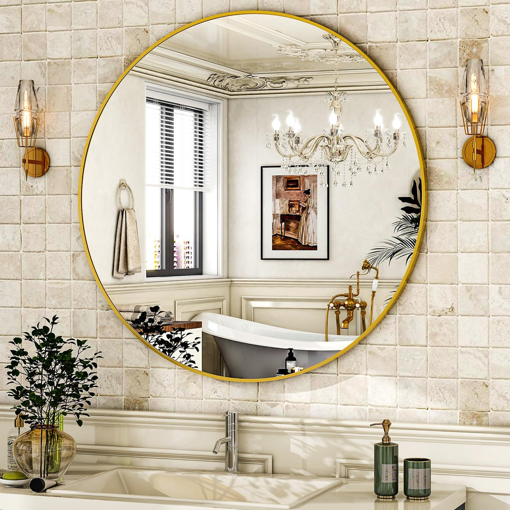 28" Round Mirror Gold Bathroom Circle Wall Mirror