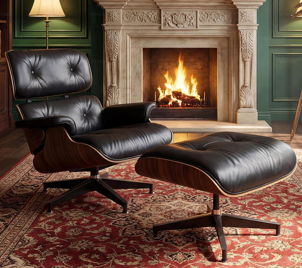Inspired Eames Style Lounge Chair and Ottoman — Black Top-Grain Leather, Rosewood Base, Extended Chaise (59″L)