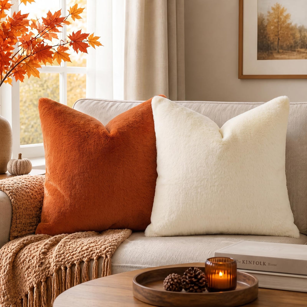 Faux Fur Fall Decorative Throw Pillow Covers 24x24 Set of 2, Rust