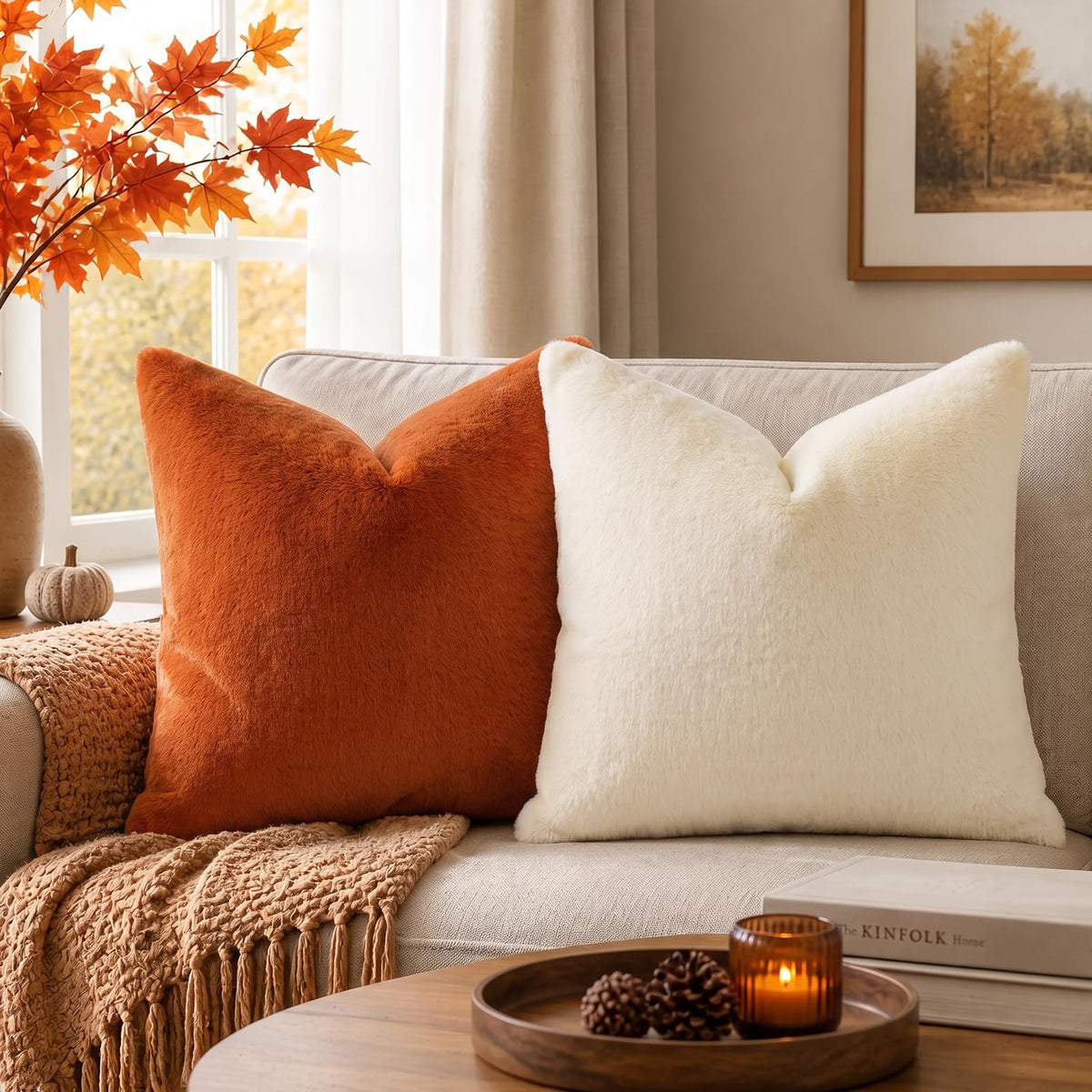 Faux Fur Fall Decorative Throw Pillow Covers 24x24 Set of 2, Rust