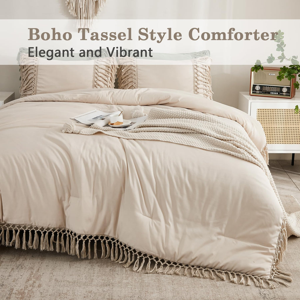Beige Comforter Set Queen, 3 Pieces Boho Tassel Bedding