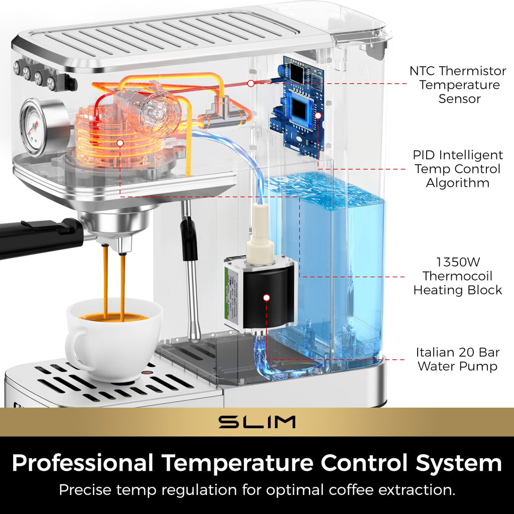 Slim Espresso Machine with Milk Frother Latte, Metal Silver