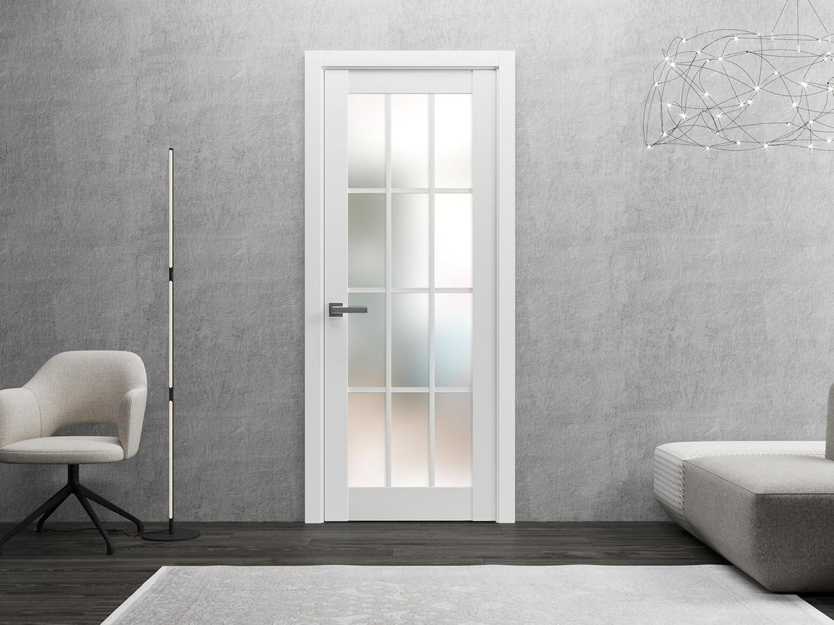 Solid French Door Frosted Glass 12 Lites 32x80 inches | Felicia 3312 Matte White | Single Regural Panel Frame Trims Handle | Bathroom Bedroom Sturdy Doors