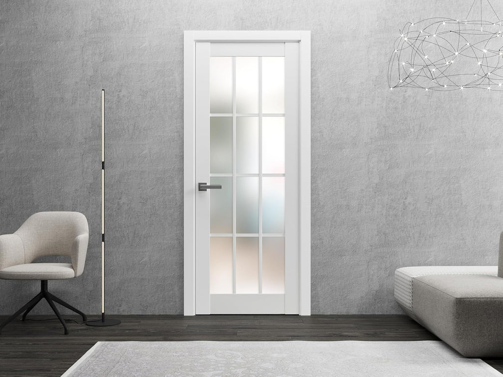 Solid French Door Frosted Glass 12 Lites 32x80 inches | Felicia 3312 Matte White | Single Regural Panel Frame Trims Handle | Bathroom Bedroom Sturdy Doors