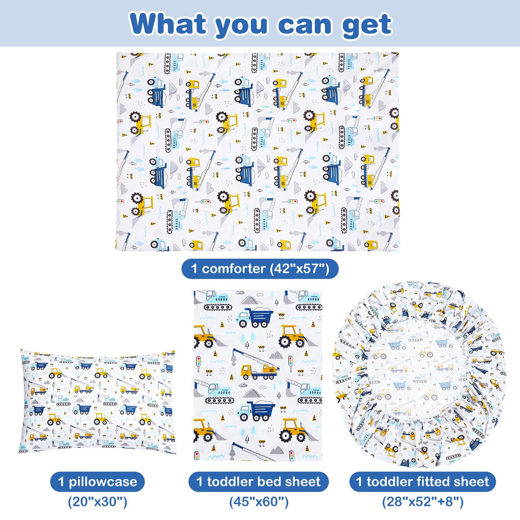 Cars Toddler Bedding Set, 4-Piece Bed-in-a-Bag Comforter Set for Boys, Construction Truck Bedding, Machine Washable
