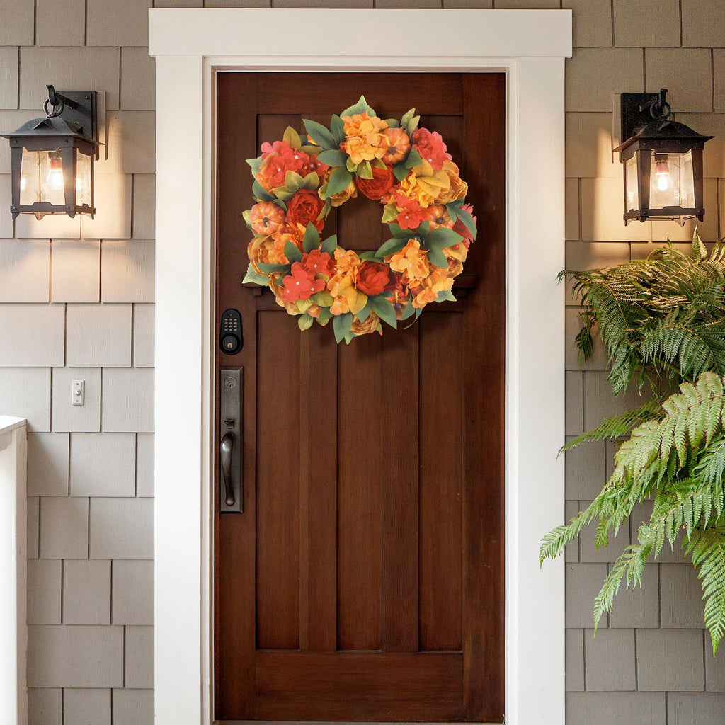 18In Fall Wreaths for Front Door, Bright Pumpkin Hydrangea Wreath, Peony Wreaths for Front Door Indoor Outdoor Autumn