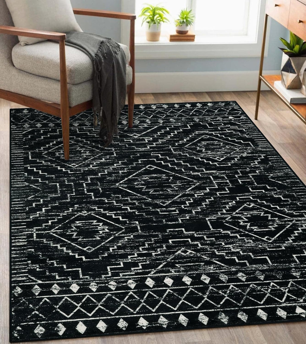 Moroccan Washable Rug, Black Boho Living Room Area Rug, Non-Slip Farmhouse Bedroom Carpet Dorm Room Throw Rug