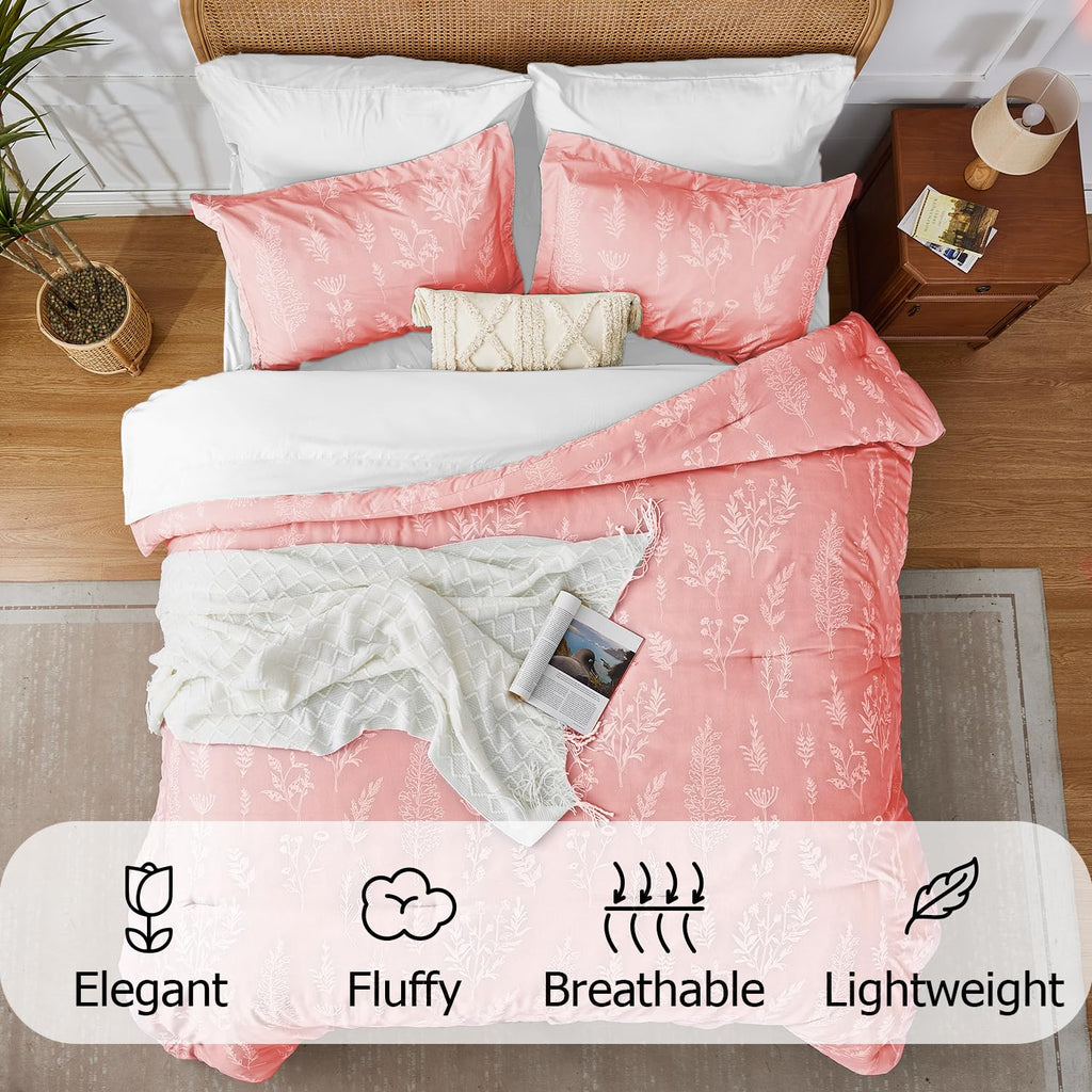 Floral Comforter Set Full Pink, Cute Flower Bed in a Bag Full Boho 7 Pieces, Soft Fluffy Bedding Sets with Comforter