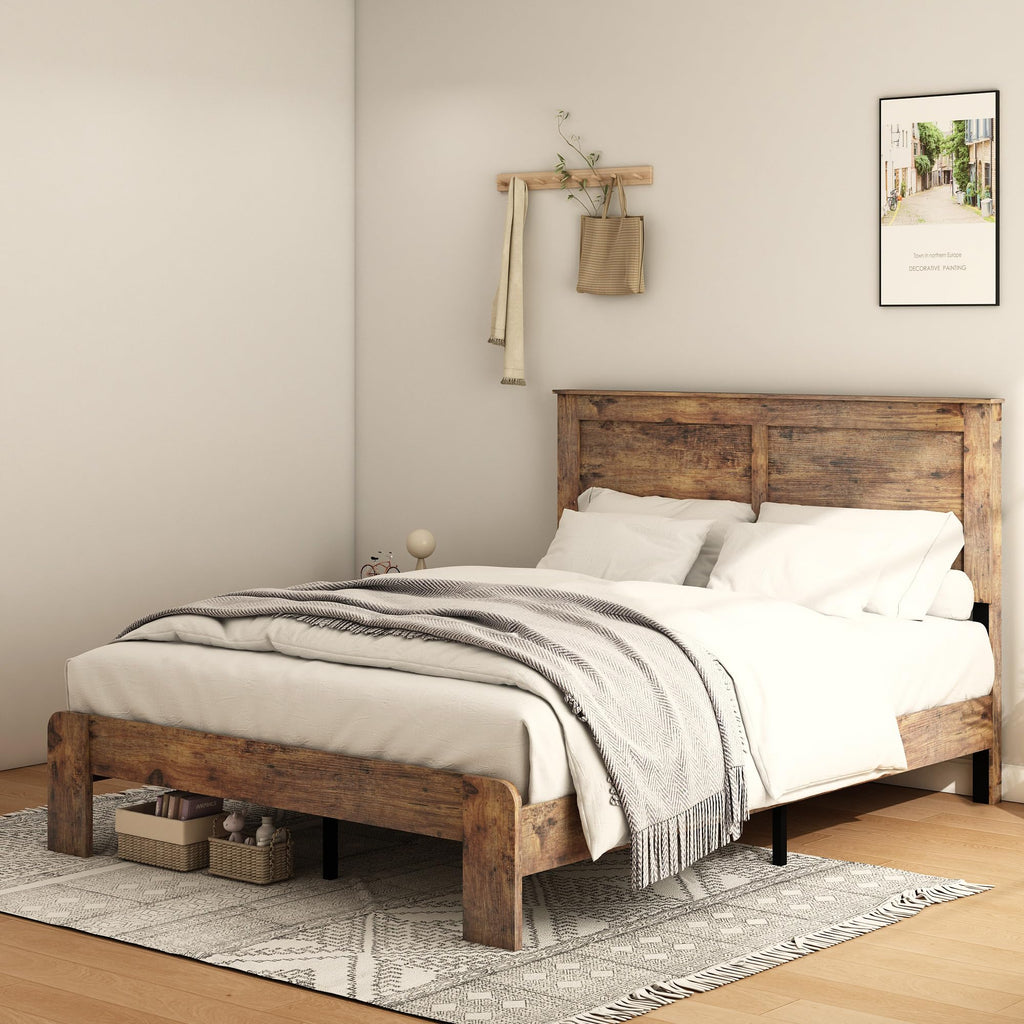 Rustic Vintage Bed Frame with Headboard, Wooden Platform Bed Frame with Wood Slats, Easy