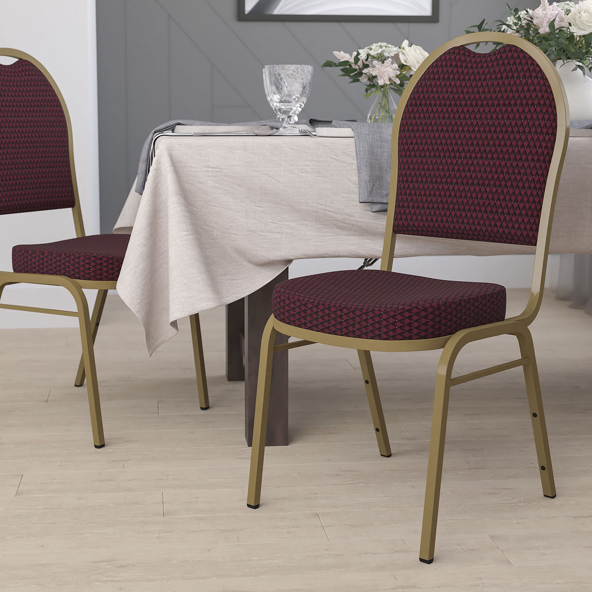 Series Dome Back Stacking Banquet Chair in Burgundy Patterned Fabric - Gold Frame