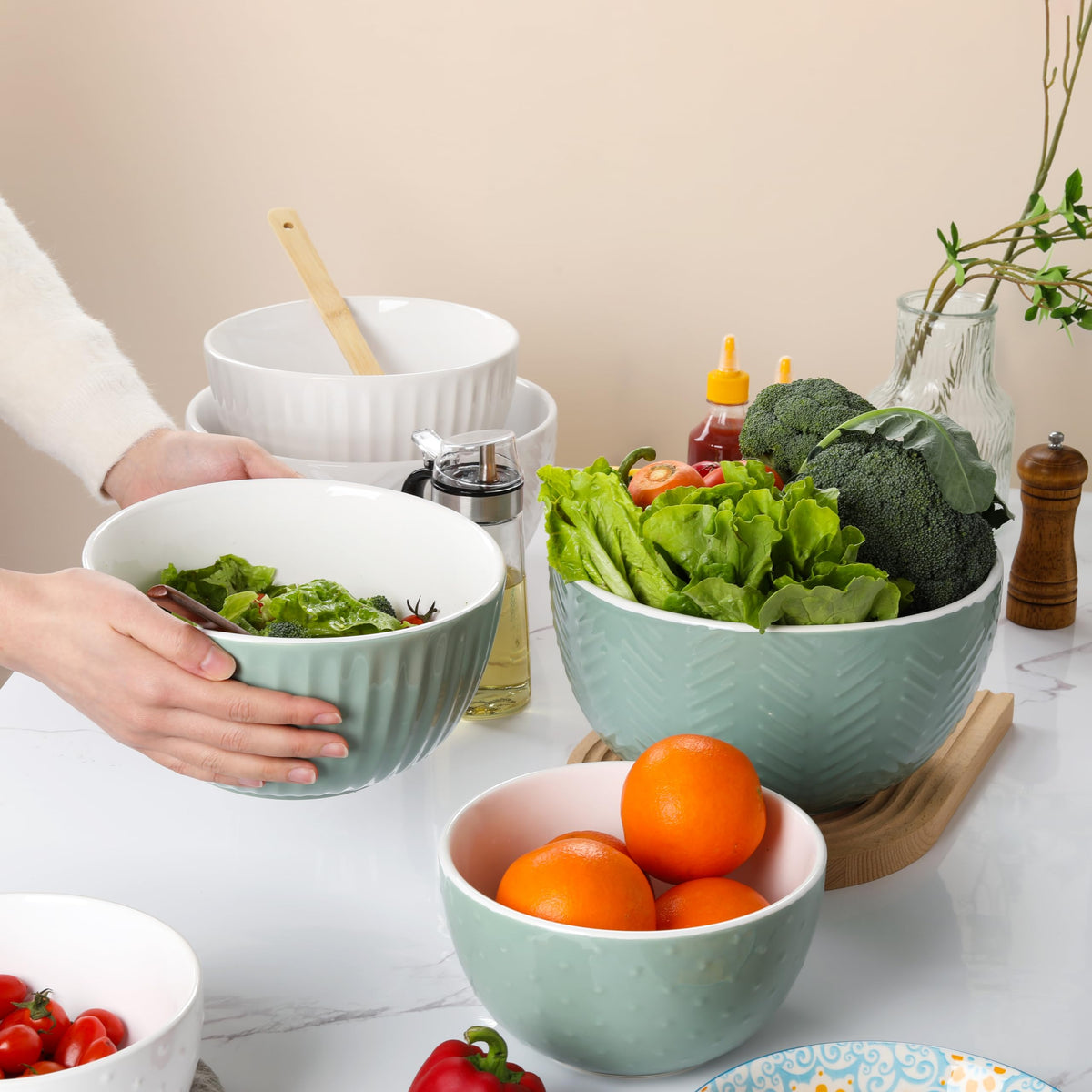 Ceramic Nesting Mixing Bowls, Set of 3 Avocado Green