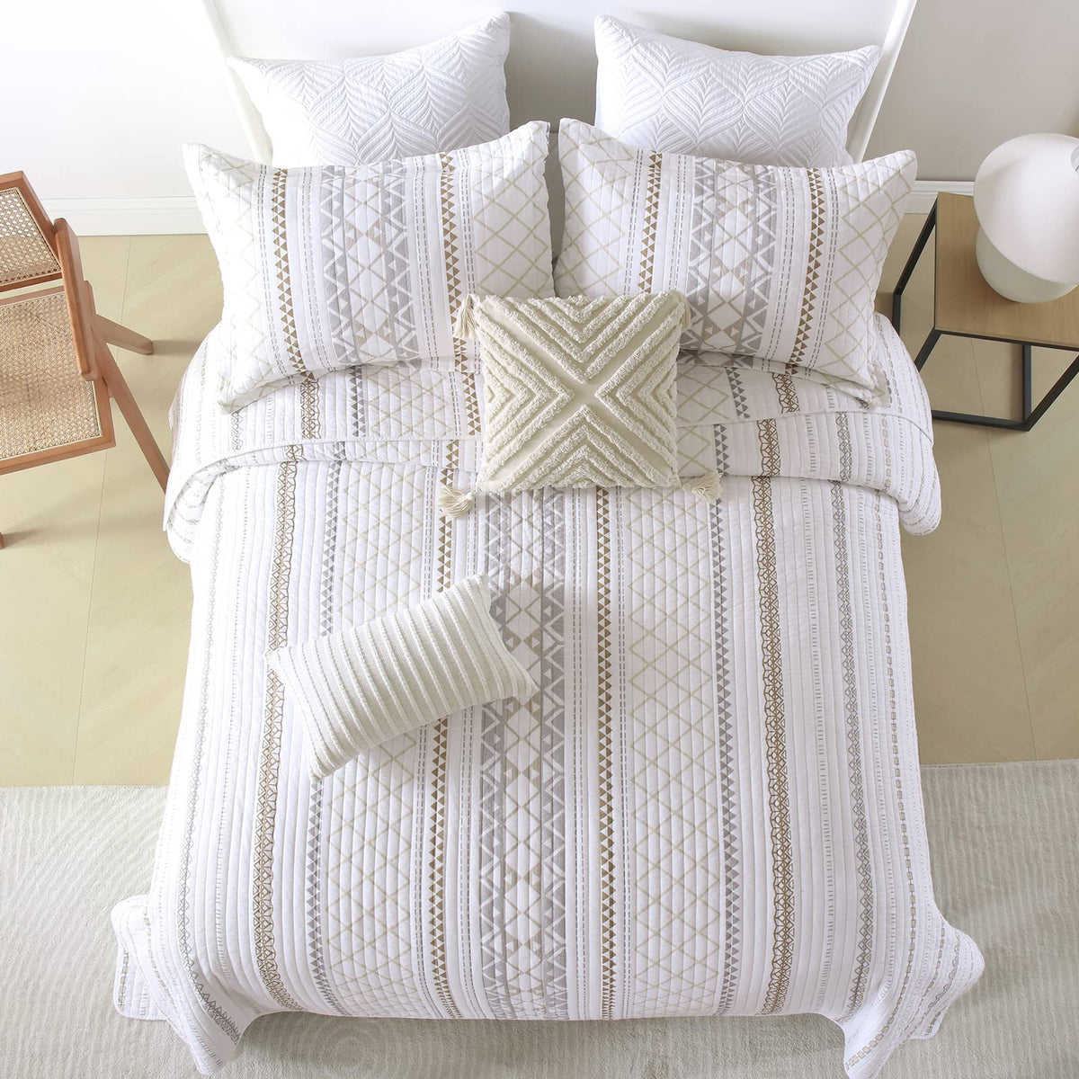 Quilt, 100% Cotton Quilt Bedding Set, Reversible Boho Striped Bedspreads Lightweight Comforter