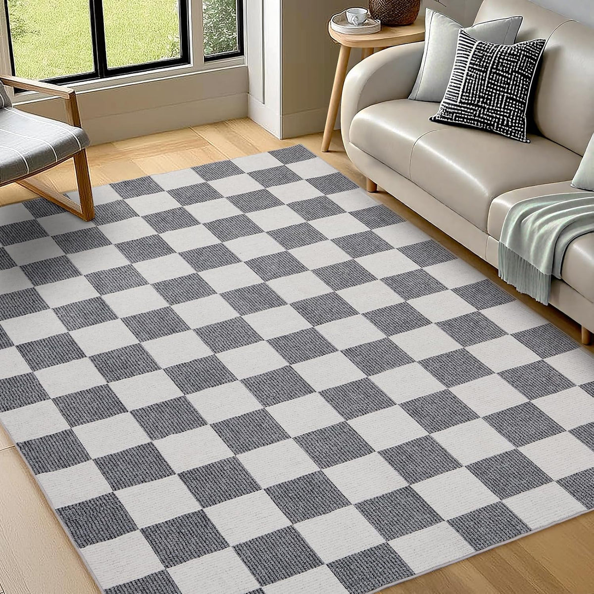Washable Rug 5x7 ft Checkered Rug, Grey and White Area Rug, Boho Large Rugs, Low Pile Lightweight Indoor Carpet with